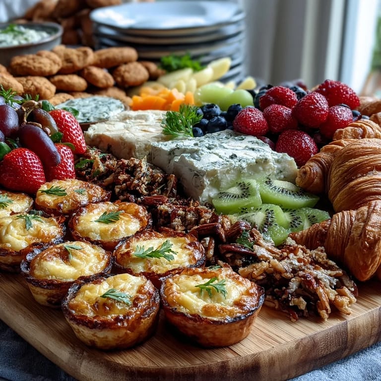 Elegant Mothers Day brunch spread featuring golden mini quiches, colorful berries, and assorted cheeses for a festive celebration.  