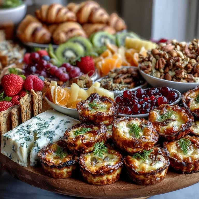 Charming Mothers Day brunch board showcasing savory mini quiches, fresh fruit, nuts, and pastries perfect for sharing.