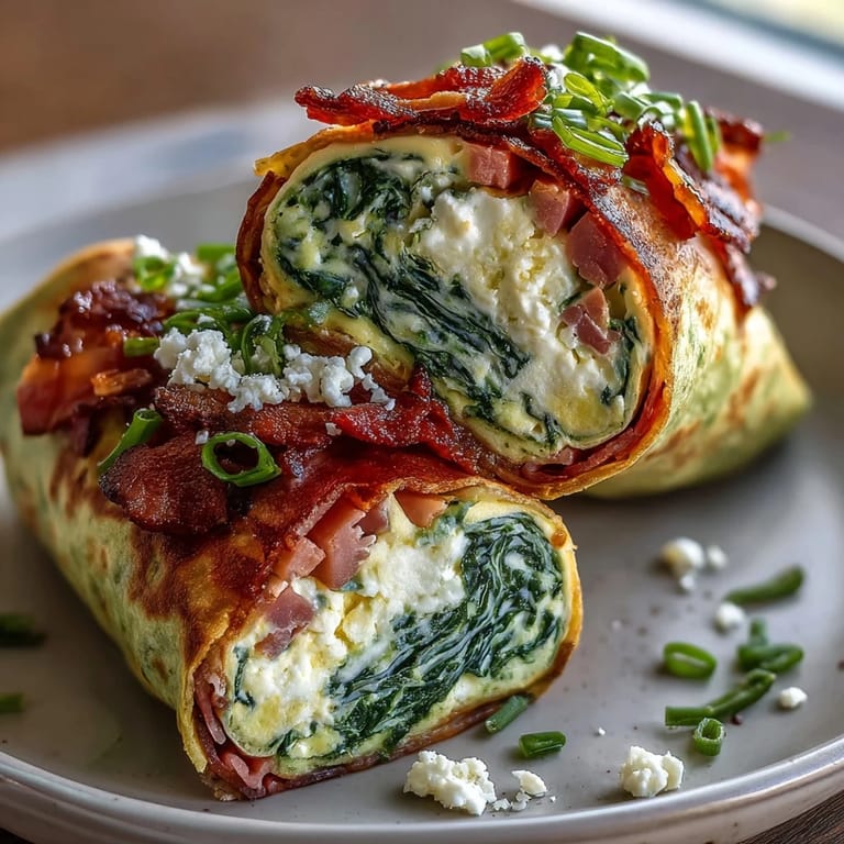 Fluffy scrambled eggs and savory ham wrapped in spinach tortillas, topped with fresh herbs and melted cheese for a hearty breakfast.