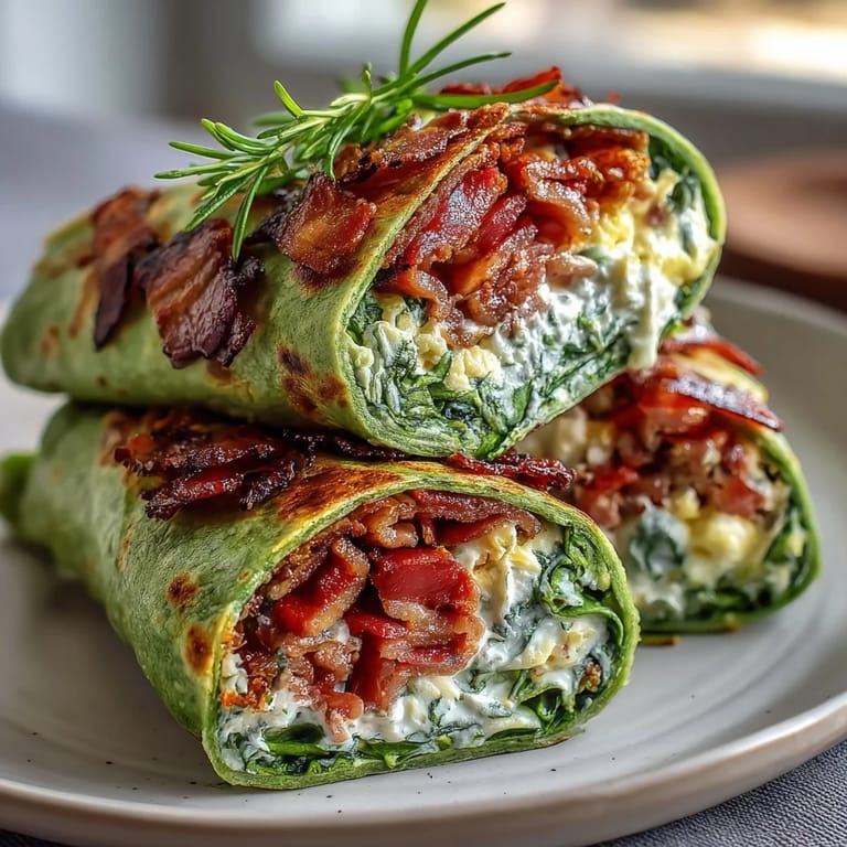 Colorful breakfast wraps filled with creamy eggs, diced ham, and fresh spinach, rolled in vibrant green tortillas for a nutritious start.