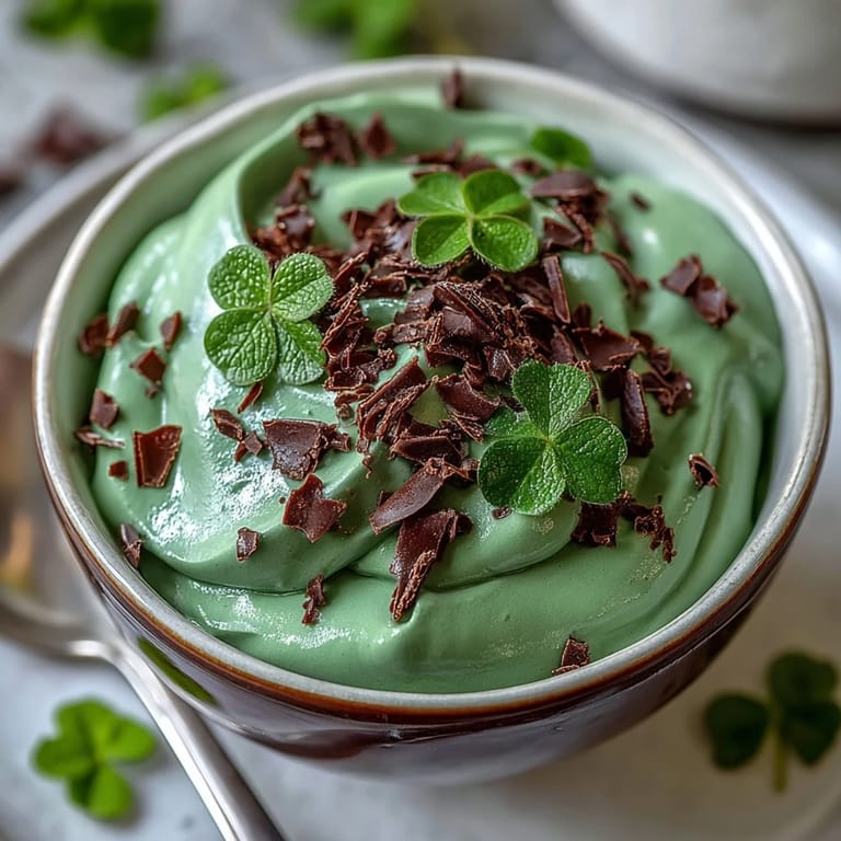 Smooth, cool mint dessert dip swirled with mini chocolate chips and garnished with playful shamrock sprinkles for a lucky treat.