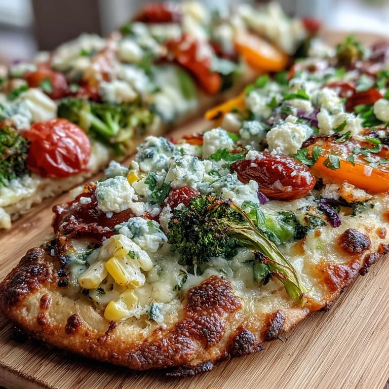 Festive St. Patricks Day Rainbow Veggie Flatbread Pizza features layers of hummus, mozzarella, and a spectrum of fresh vegetables for a healthy celebration.