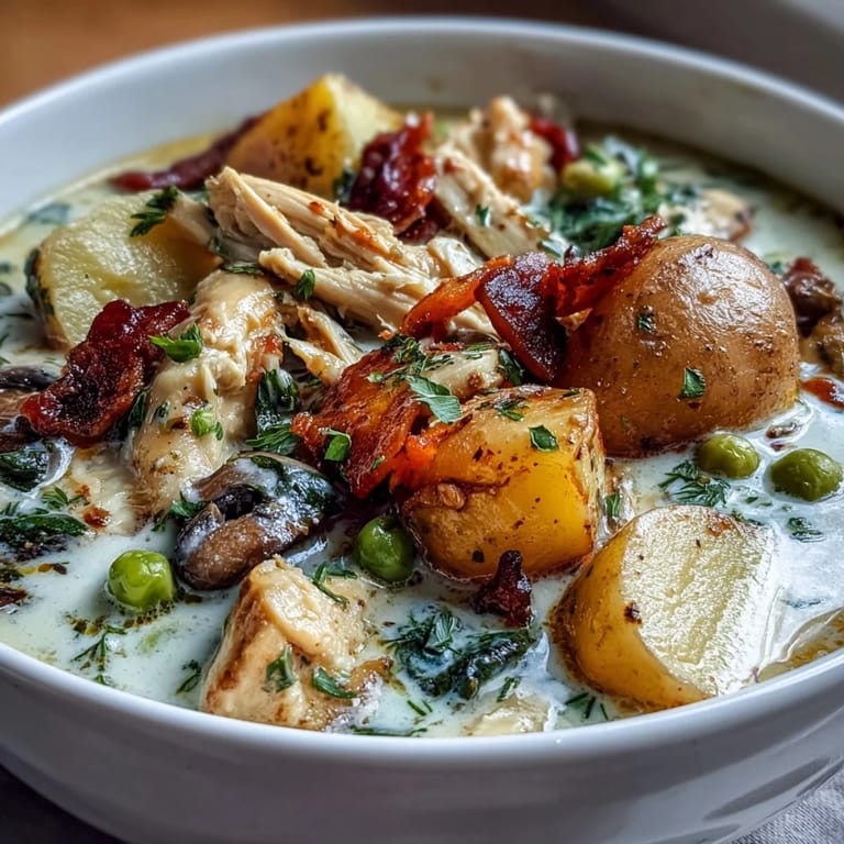 Creamy chicken pot pie soup with carrots, potatoes, and peas served in a slow cooker for easy dinners.