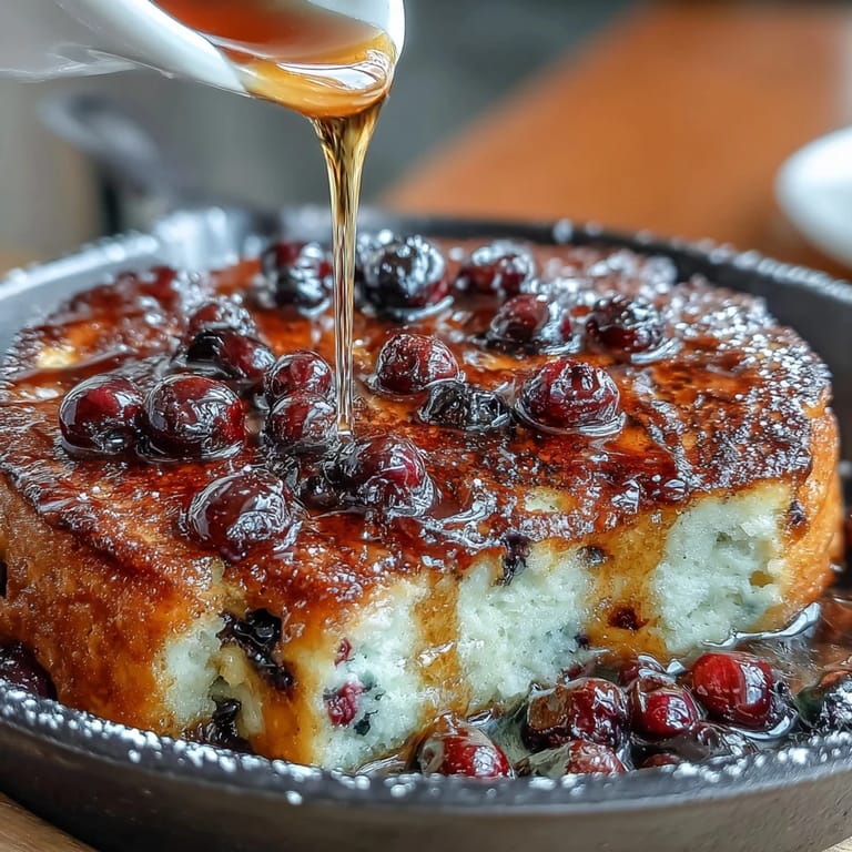 Warm baked blueberry pancake casserole, golden and tender, topped with fresh berries for a cozy breakfast or brunch.