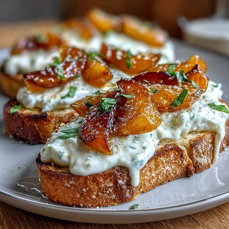 Creamy burrata and sweet honey peaches on rustic toast, drizzled with olive oil and sprinkled with flaky sea salt.