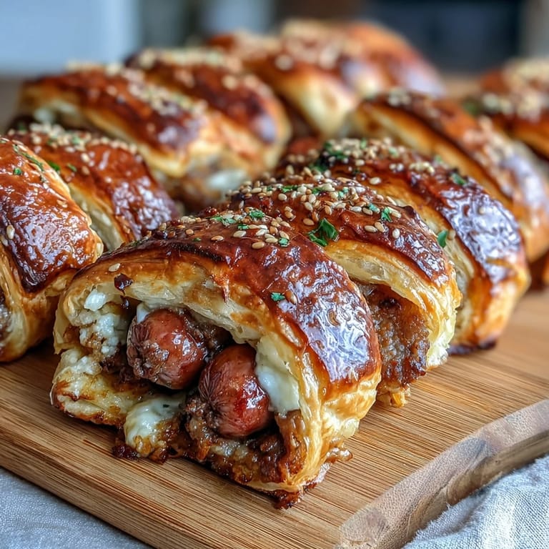 Bite-sized pigs in a blanket with sesame seeds, served with a zesty Dijon-honey dipping sauce.  