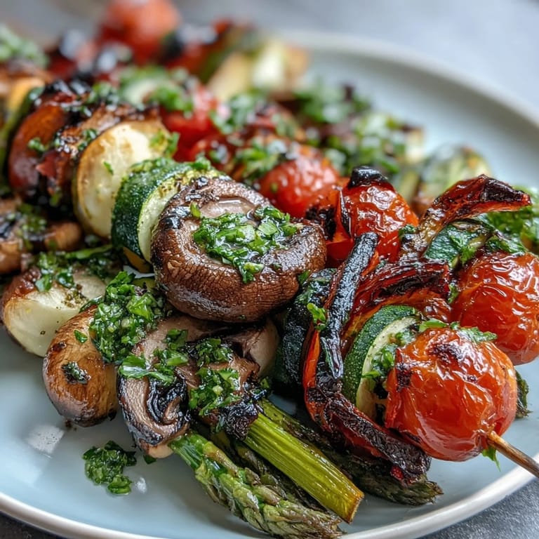 Healthy grilled vegetable skewers featuring seasonal produce, complemented by zesty chimichurri, perfect for outdoor dining or BBQs.