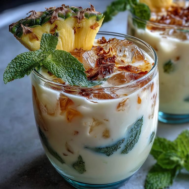 Vibrant pineapple coconut agua fresca blending sweet tropical fruit with coconut water, served over ice with fresh mint garnish.