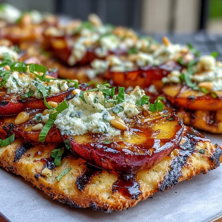 Smoky BBQ peach and Brie flatbread on the grill, finished with arugula and a honey drizzle.