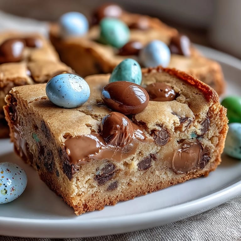 Soft and chewy peanut butter cookie bars loaded with Easter egg candies, ideal for festive gatherings.