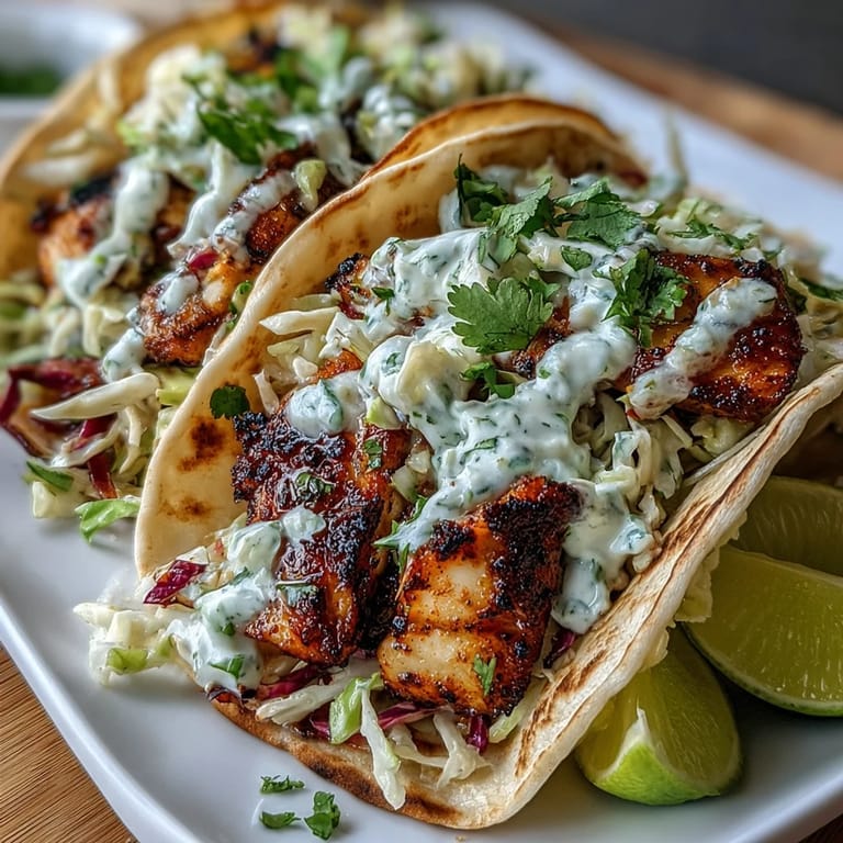Fresh grilled fish tacos with vibrant coconut lime flavor, crisp cabbage-carrot slaw, and a drizzle of cooling crema.