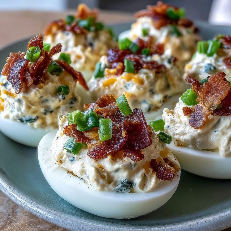 Creamy deviled eggs infused with jalapeño and bacon, garnished with fresh chives for a zesty party snack.