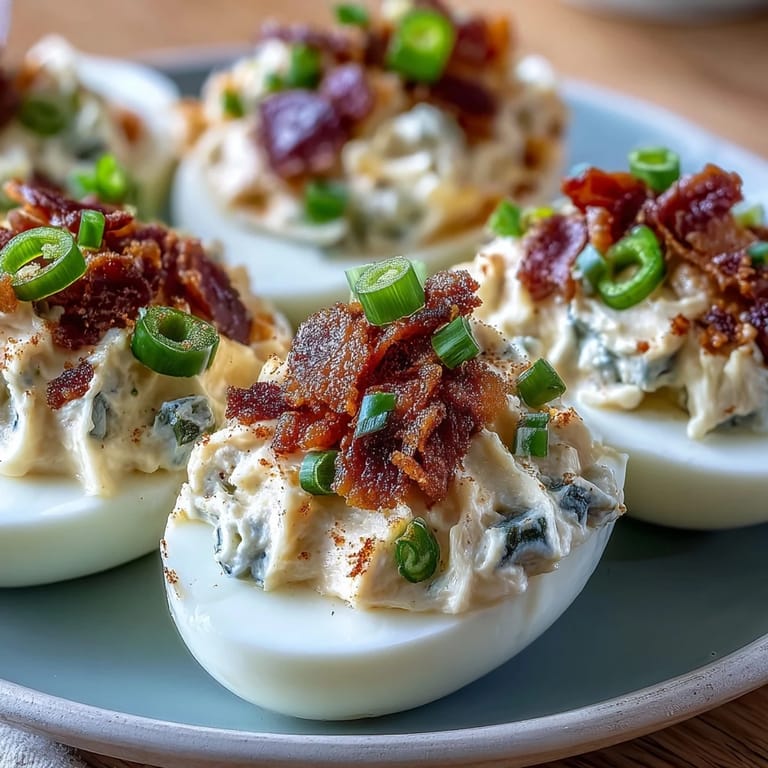 Classic deviled eggs get a spicy upgrade with jalapeño, cream cheese, and smoky bacon for crowd-pleasing flavor.