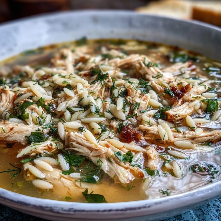 Fragrant Greek lemon chicken soup featuring juicy shredded chicken, orzo pasta, and vibrant lemon zest in a comforting, aromatic broth.