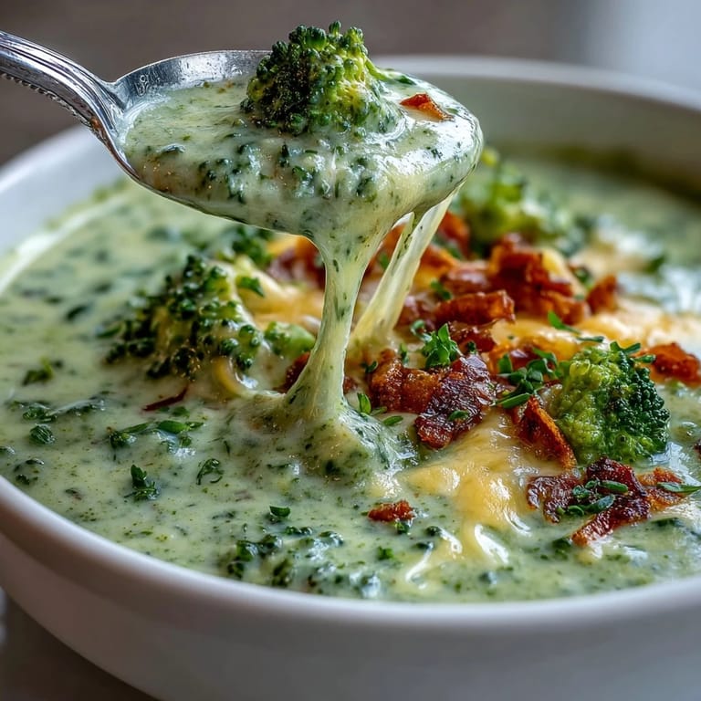Close-up of homemade broccoli cheddar soup with tender broccoli pieces and melted cheese in a rustic ceramic bowl.