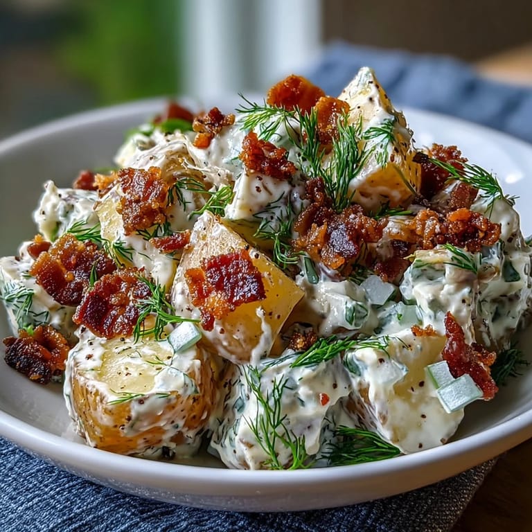 Creamy potato salad with tender Yukon Gold potatoes, crunchy celery, tangy red onion, and smoky bacon, dressed in a zesty Dijon-mayo sauce and sprinkled with fresh dill.