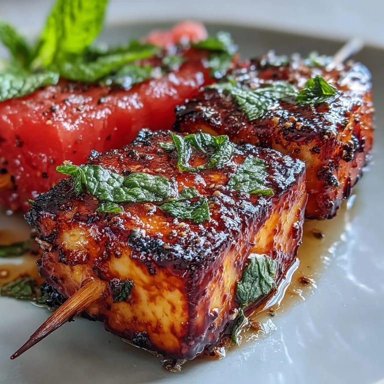 Golden, charred halloumi cubes and sweet watermelon chunks are threaded with red onion and mint for a refreshing Mediterranean skewer.