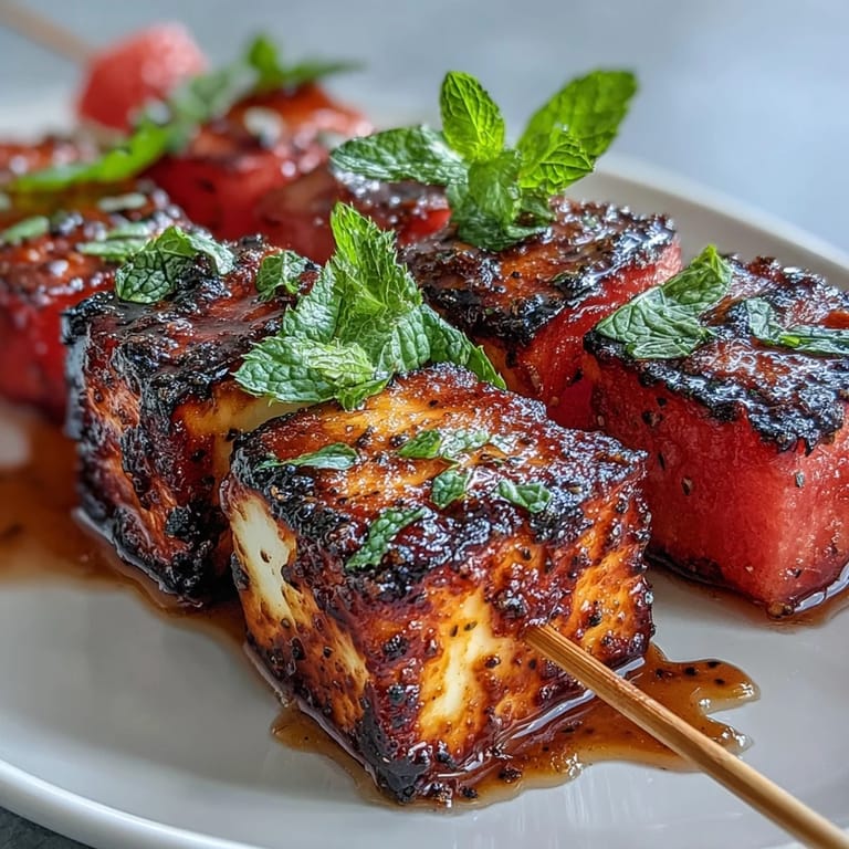 Savory grilled halloumi pairs beautifully with caramelized watermelon and fragrant mint leaves on colorful, easy-to-make skewers.