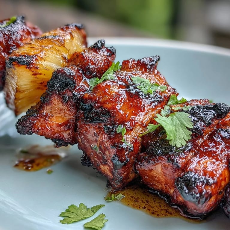 Vibrant chicken al pastor skewers featuring fresh pineapple and cilantro garnish.