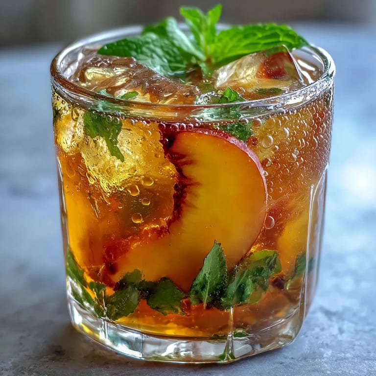Refreshing iced peach green tea lemonade served over ice, combining green tea, peach syrup, and tangy lemonade in a vibrant drink.  