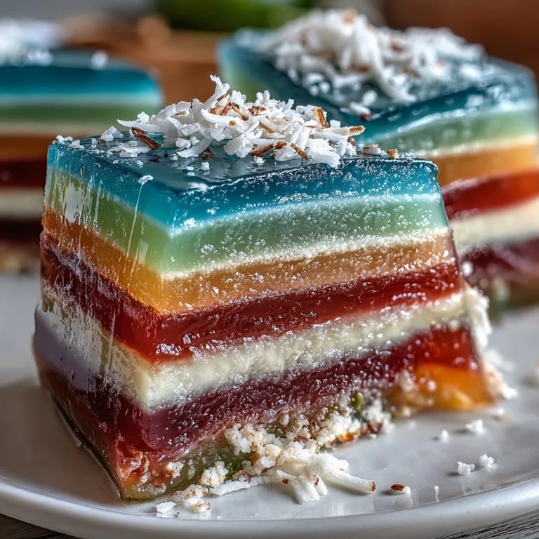 Layered agar-agar rainbow jelly cake in red, orange, yellow, green, blue, and purple, finished with silky coconut cream.