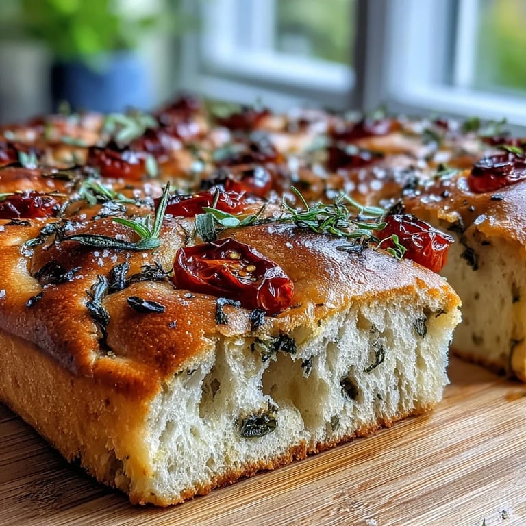 Warm Spring Herb Focaccia, showcasing a delightful garden of herbs and olive oil.