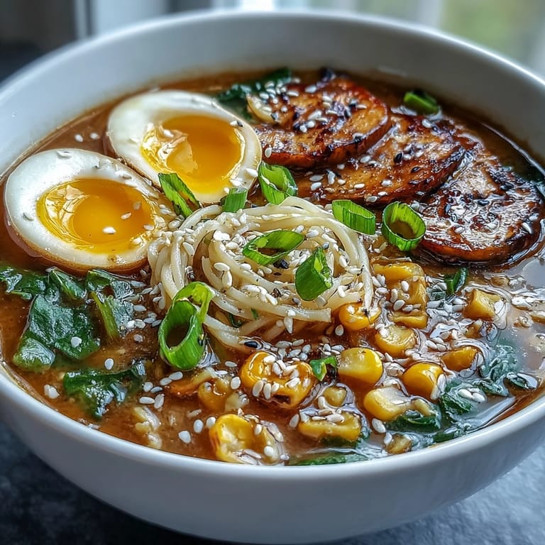 A cozy dinner of miso ramen featuring tender shiitake mushrooms, vibrant spinach, and a jammy egg in a savory, aromatic miso-infused broth.