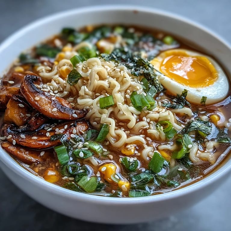This comforting homemade miso ramen is topped with sweet corn, green onions, and nori, served in a deep bowl with chopsticks ready for slurping.