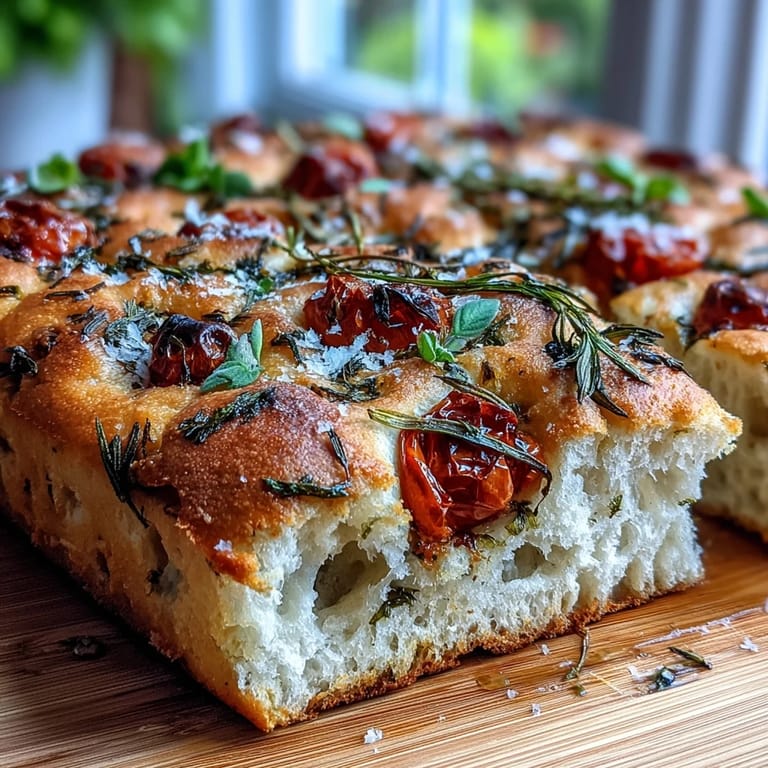 Crisp-edged Spring Herb Focaccia, dotted with vibrant herbs and juicy tomatoes.