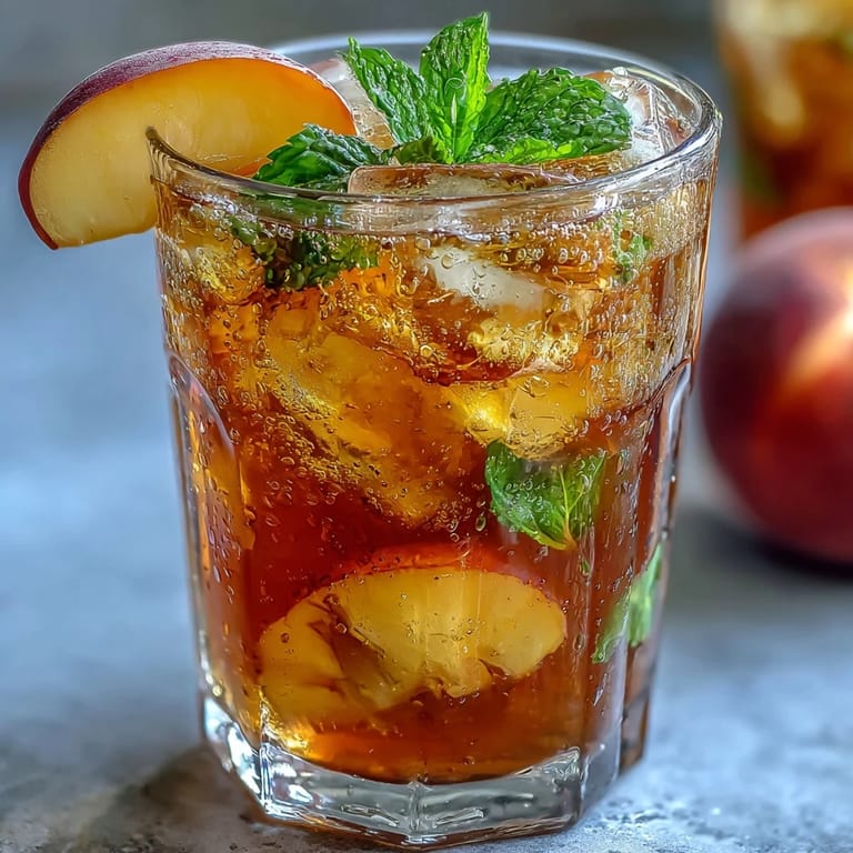 Cool glass of homemade iced peach green tea lemonade with a slice of peach and mint, inspired by the Starbucks classic.