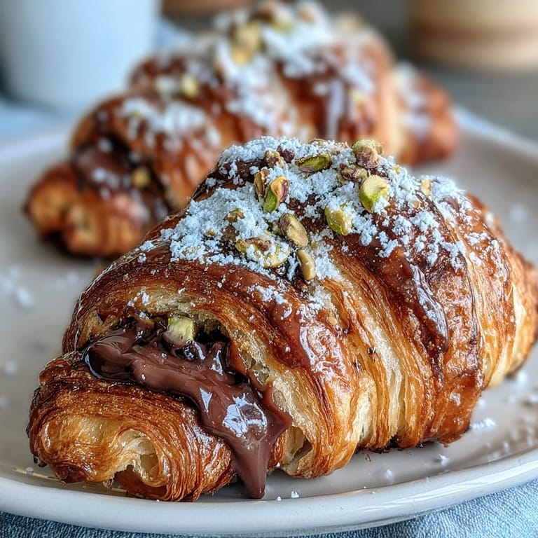 Luxurious Dubai-inspired breakfast featuring buttery croissants filled with chocolate, topped with pistachios and a dusting of powdered sugar.