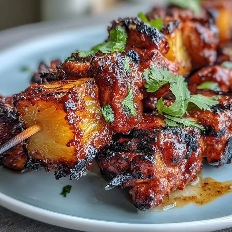 Smoky al pastor chicken skewers with sweet, charred pineapple ready for grilling.