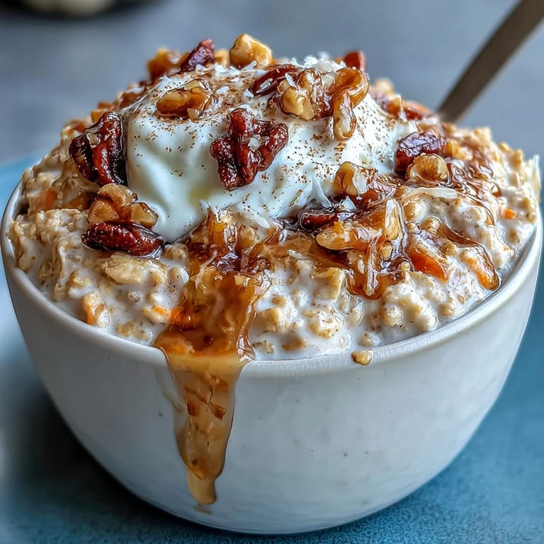 Healthy carrot cake overnight oats featuring warm spices, crunchy walnuts, and Greek yogurt, perfect for a make-ahead breakfast treat.