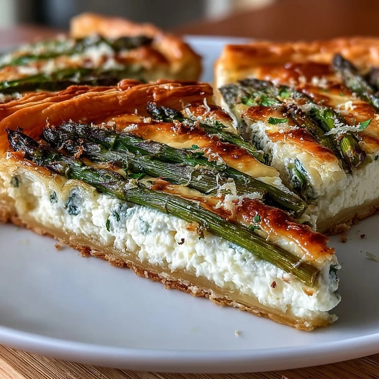 Elegant vegetarian tart featuring crisp pastry, smooth ricotta filling, and tender asparagus spears, ideal for a light lunch.