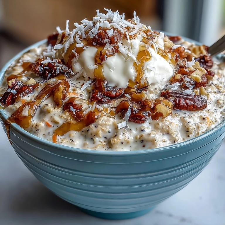 Velvety overnight oats infused with carrot cake flavors—cinnamon, nutmeg, and raisins—garnished with extra walnuts and a dollop of yogurt.