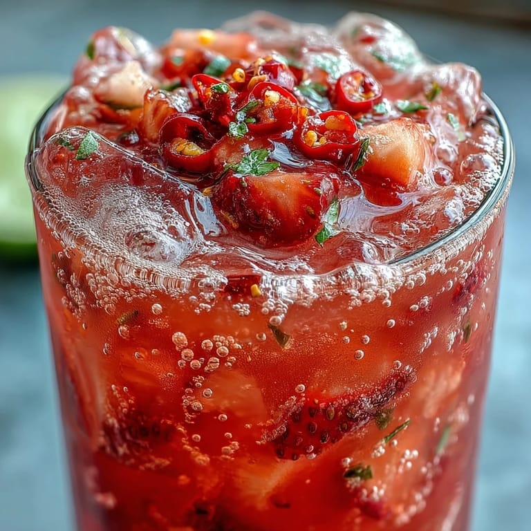 Vibrant strawberry chili limeade mocktail, perfect for easy summer sipping.