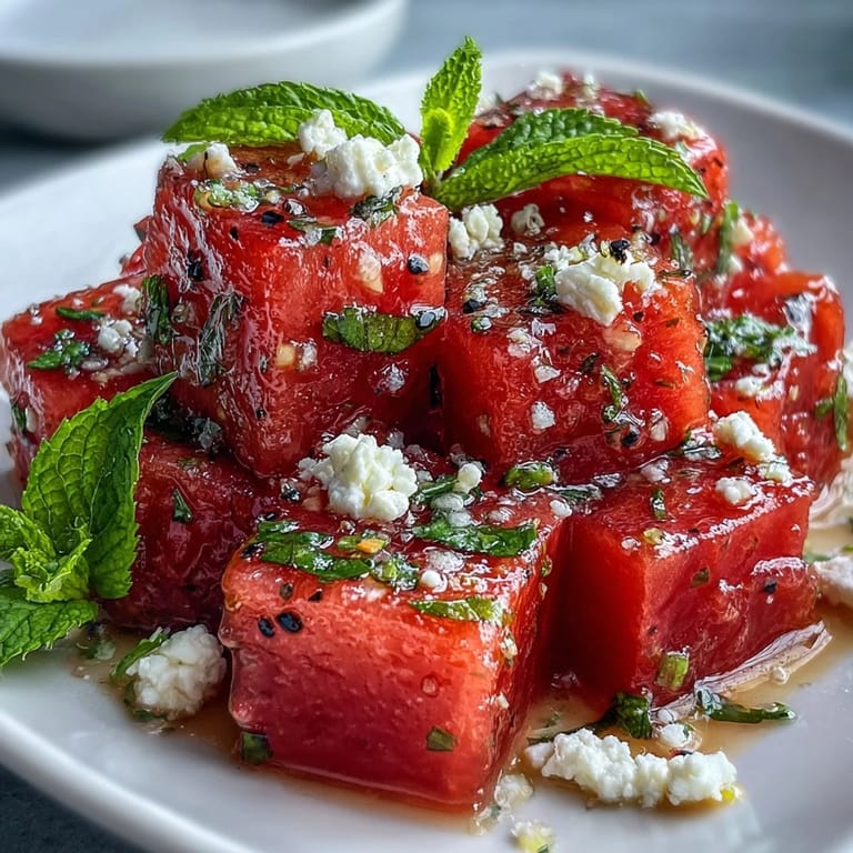 Cool watermelon chili lime salad, drizzled with honey-lime dressing and fresh mint.