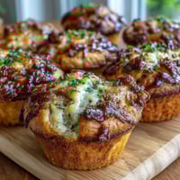 1. Golden BBQ baby shower cornbread muffins topped with melted cheddar and scallions, perfect for savory gatherings.  