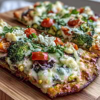 Vibrant St. Patricks Day Rainbow Veggie Flatbread Pizza topped with colorful fresh vegetables in rainbow order, mozzarella, and feta cheese.
