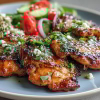 Grilled chicken breast and fresh vegetables drizzled with zesty lemon vinaigrette in a healthy bowl.