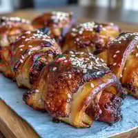 Flaky golden pastry wrapped around juicy cocktail sausages, ready for dipping in tangy honey-mustard sauce.  