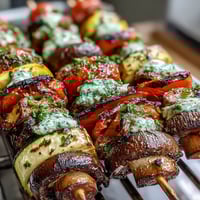 Colorful grilled veggie skewers with bell peppers, zucchini, and mushrooms, served with fresh chimichurri sauce for a vibrant summer dish.  