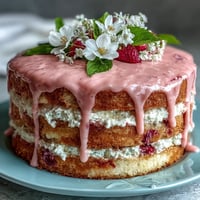 Spring Cake: Floral Drip Cake with Strawberry Frosting, a moist vanilla layer cake topped with creamy strawberry buttercream and a white chocolate drip, decorated with edible flowers.