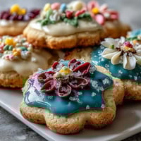Delicate flower-shaped shortbread cookies with vibrant royal icing, perfect for spring celebrations and dessert tables.