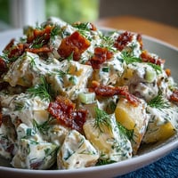 Memorial Day Potato Salad with Dill and Bacon in a white serving bowl, garnished with fresh dill sprigs and crispy bacon crumbles, surrounded by picnic essentials like plates and napkins.