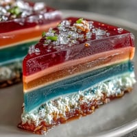 Vibrant rainbow jelly cake with agar-agar layers and creamy coconut cream topping, perfect for colorful dessert spreads.