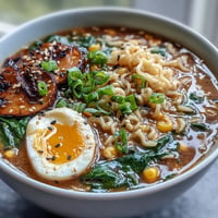 A steaming bowl of homemade miso ramen with springy noodles, rich broth, mushrooms, and a soft-boiled egg, garnished with sesame seeds and nori strips.