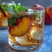 A tall glass of iced peach green tea lemonade with fresh peach slices and mint garnish, perfect for a summer refreshment.  