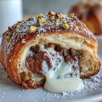 Dubai Chocolate Pistachio Croissant French Toast with golden custard-soaked croissants, melted dark chocolate, and crushed pistachios on top.