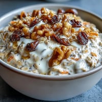 Creamy carrot cake overnight oats with grated carrots, cinnamon, and walnuts, topped with shredded coconut and a maple syrup drizzle.